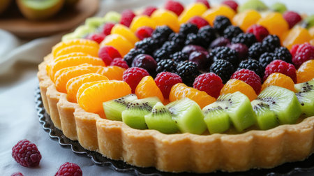 A colorful fruit tart topped with a variety of bright, fresh fruits like kiwi, berries, and mandarin slices.の素材