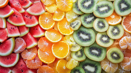 An assortment of sliced fruits, including watermelon, kiwi, and oranges, arranged in a rainbow pattern.の素材