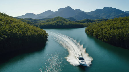 Aerial view of a speedboat zooming along a wide river, with scenic mountain ranges and forests lining the banks under a clear sky.の素材