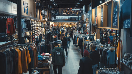 A crowded department store aisle in the capital city, filled with diverse customers browsing through racks of clothing and accessories.の素材