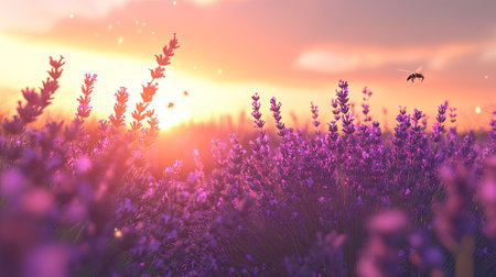 A field of bright lavender blooms under a soft sunset, with bees buzzing around the fragrant flowers.の素材