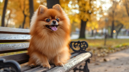 A fluffy Pomeranian dog with a stylish haircut, sitting on a bench in a park with its tongue out.の素材