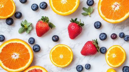 A flat lay of bright fruits like blueberries, strawberries, and oranges scattered on a white marble surface.の素材