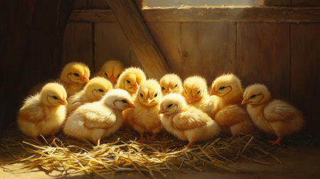 A group of fluffy baby chicks huddled together in a sunny corner of a barn, with straw scattered around them.の素材