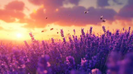A field of bright lavender blooms under a soft sunset, with bees buzzing around the fragrant flowers.の素材