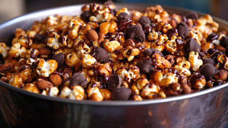 A large bowl of caramel popcorn mixed with chocolate-coated nuts, perfect for a sweet and salty snack.の素材