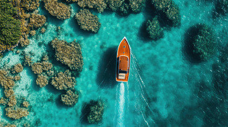Aerial shot of a fast boat gliding across a clear, turquoise lagoon, with coral formations visible beneath the surface and a bright sunny day.の素材