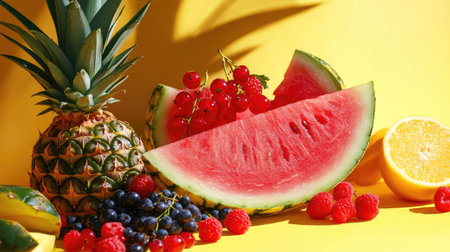 A colorful fruit platter featuring watermelon, pineapple, and berries, set against a bright, summery background.の素材