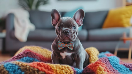 A cute French bulldog puppy wearing a tiny bow tie, sitting on a colorful blanket in a living room.の素材
