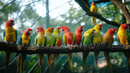 A group of colorful parakeets perched on a branch inside a large aviary, chattering and fluttering their wings.の素材