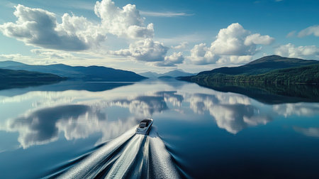 Aerial perspective of a speedboat cruising on a large lake, with reflections of fluffy clouds on the water and distant mountains in the background.の素材