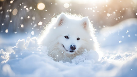 A fluffy Samoyed dog playing in the snow, with its fur covered in soft flakes and a joyful expression.の素材