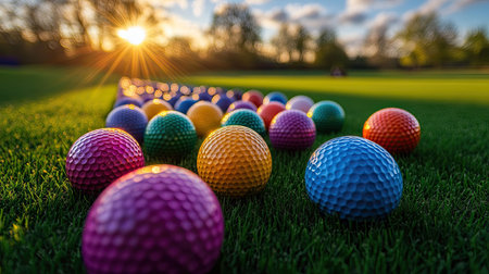 An assortment of bright-colored golf balls arranged on a grassy field, with the sun setting in the background.の素材