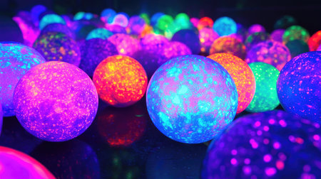 A group of bright neon-colored balls glowing under black light, creating a dramatic, vivid effect.の素材