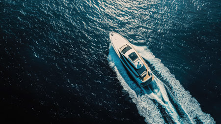 Aerial image of a sleek, modern boat cruising quickly on the open ocean, with dark blue waters contrasting against the boats white hull.の素材