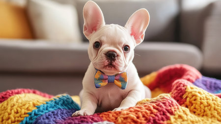A cute French bulldog puppy wearing a tiny bow tie, sitting on a colorful blanket in a living room.の素材