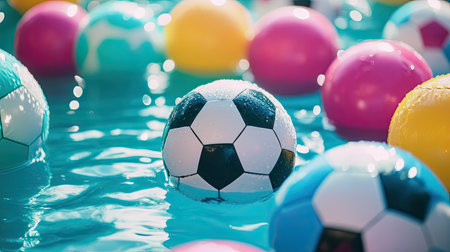 A group of bright, inflatable soccer balls floating in a pool, creating a cheerful and lively scene.の素材