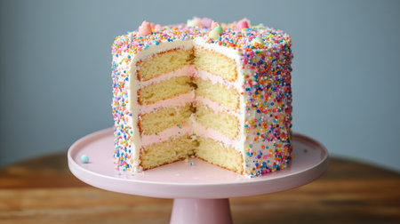 A funfetti cake with colorful sprinkles both inside and on top, with a playful and whimsical design, perfect for a celebration.の素材