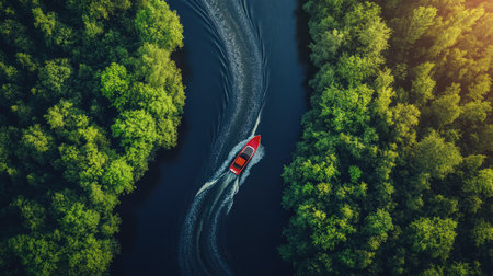 Aerial shot of a vibrant speedboat navigating a winding river, surrounded by dense forest and dramatic landscape under a bright sun.の素材