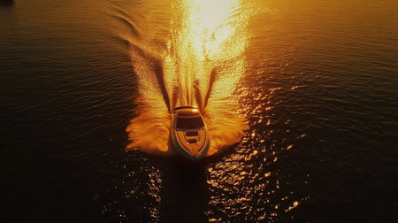 Aerial shot of a speedboat heading toward the horizon at sunset, with golden reflections on the water and a dramatic sky in the background.の素材