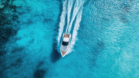 Aerial view of a sleek speedboat cutting through crystal-clear blue water, leaving a trail of white foam behind as it races across the ocean.の素材
