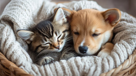 A cute kitten and a puppy snuggling together in a basket, wrapped in a soft, cozy blanket.の素材
