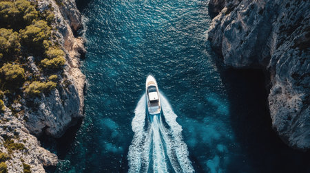 Aerial shot of a speedboat cruising along a rugged coastline, with cliffs rising dramatically from the sea and the boats wake in the water.の素材