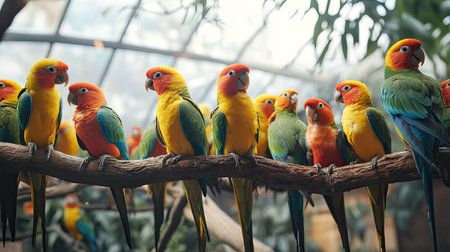 A group of colorful parakeets perched on a branch inside a large aviary, chattering and fluttering their wings.の素材