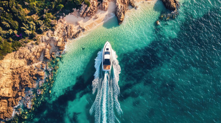 A fast boat from above, racing along a coastline with sandy beaches and rocky cliffs, leaving a distinct wake in the sparkling sea.の素材