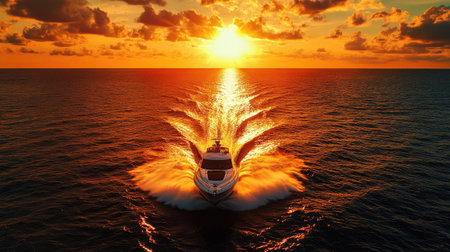 Aerial image of a speedboat moving swiftly across the ocean, with a dramatic sun setting in the background and golden reflections on the water.の素材