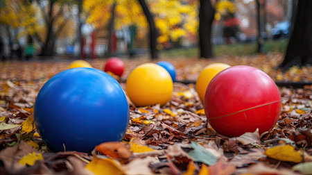 A group of bright red, blue, and yellow kickballs on a playground, surrounded by fallen autumn leaves.の素材