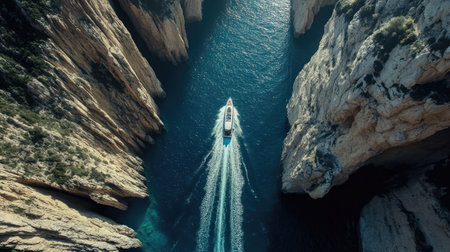 Aerial perspective of a fast boat racing through a narrow strait, with tall cliffs on either side and deep blue water below.の素材