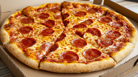 A large, cheesy pepperoni pizza with a golden, crispy crust, sliced into eight pieces.の素材