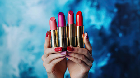A pair of female hands holding multiple lipsticks in different shades, with a stylish and modern backdrop.の素材