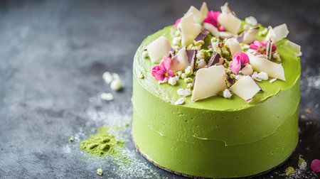 A matcha green tea cake with a smooth green frosting, garnished with white chocolate shards and edible flowers.の素材