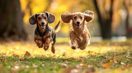 A pair of playful dachshunds running together in a park, with their ears flapping in the wind.の素材