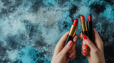 A pair of female hands holding multiple lipsticks in different shades, with a stylish and modern backdrop.の素材