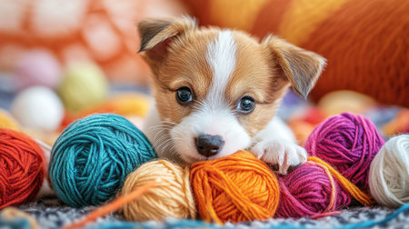 A small terrier puppy playing with a ball of yarn, getting tangled in the colorful threads.の素材