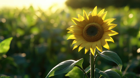 A single bright yellow sunflower standing tall amidst a field of green, with its petals glistening in the sunlight.の素材