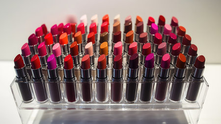 A lipstick collection displayed in an acrylic organizer, with each lipsticks color visible and neatly arranged.の素材
