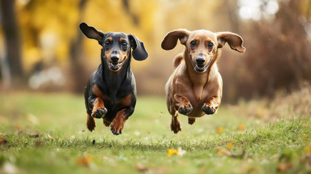 A pair of playful dachshunds running together in a park, with their ears flapping in the wind.の素材