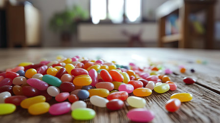 A pile of colorful jellybeans scattered across a wooden table, creating a fun, playful vibe.の素材