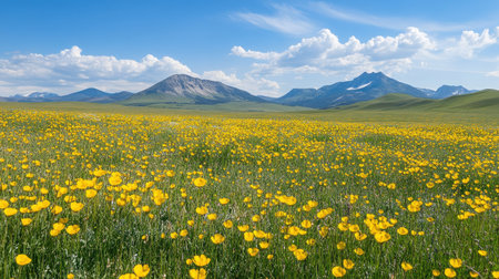 A meadow filled with bright yellow buttercups, creating a warm, sunny feel with mountains in the distance.の素材