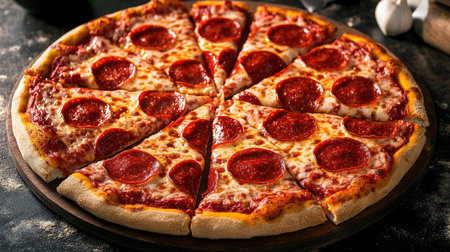 A large, cheesy pepperoni pizza with a golden, crispy crust, sliced into eight pieces.の素材