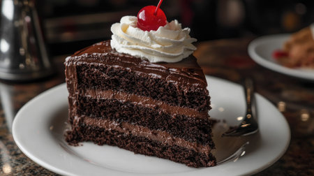 A large slice of double chocolate fudge cake with a dollop of whipped cream and a cherry on top.の素材