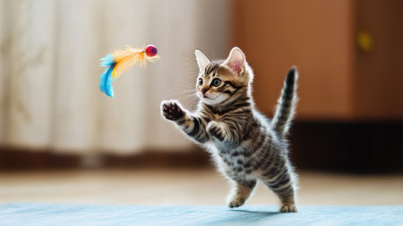 A playful Bengal kitten leaping in mid-air, trying to catch a dangling feather toy.の素材