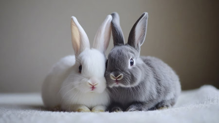 A pair of bunnies, one white and one gray, sitting side by side, with their noses twitching in unison.の素材