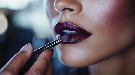 A makeup artist carefully applying a deep plum lipstick to a models lips, with a close-up focus on the artists hand and the lips.の素材