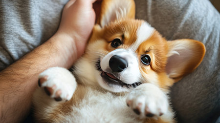 A playful corgi puppy lying on its back with its paws in the air, enjoying a belly rub from its owner.の素材
