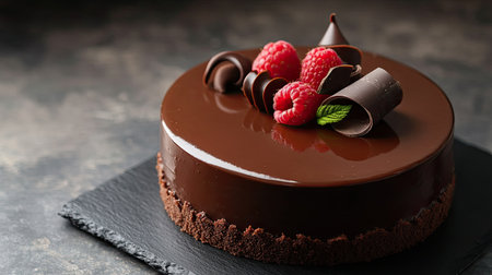 A rich chocolate mousse cake, with a smooth, glossy finish, topped with a chocolate curl and fresh raspberries on a black slate.の素材